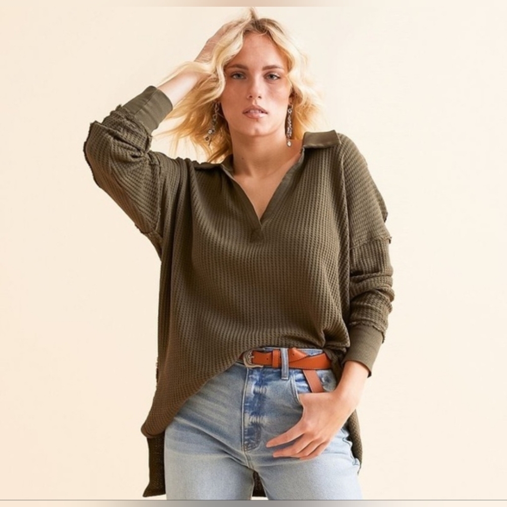 We The Free Oversized Green Waffle Knit Travis Tunic Polo Women's XL